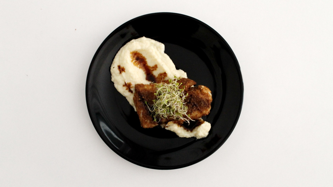 Oven fried fish in breadcrumbs with celery root- walnut oil puree