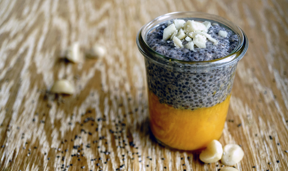 Chia-seed pudding with pumpkin puree, Pödör hazelnut oil and macadamia nuts