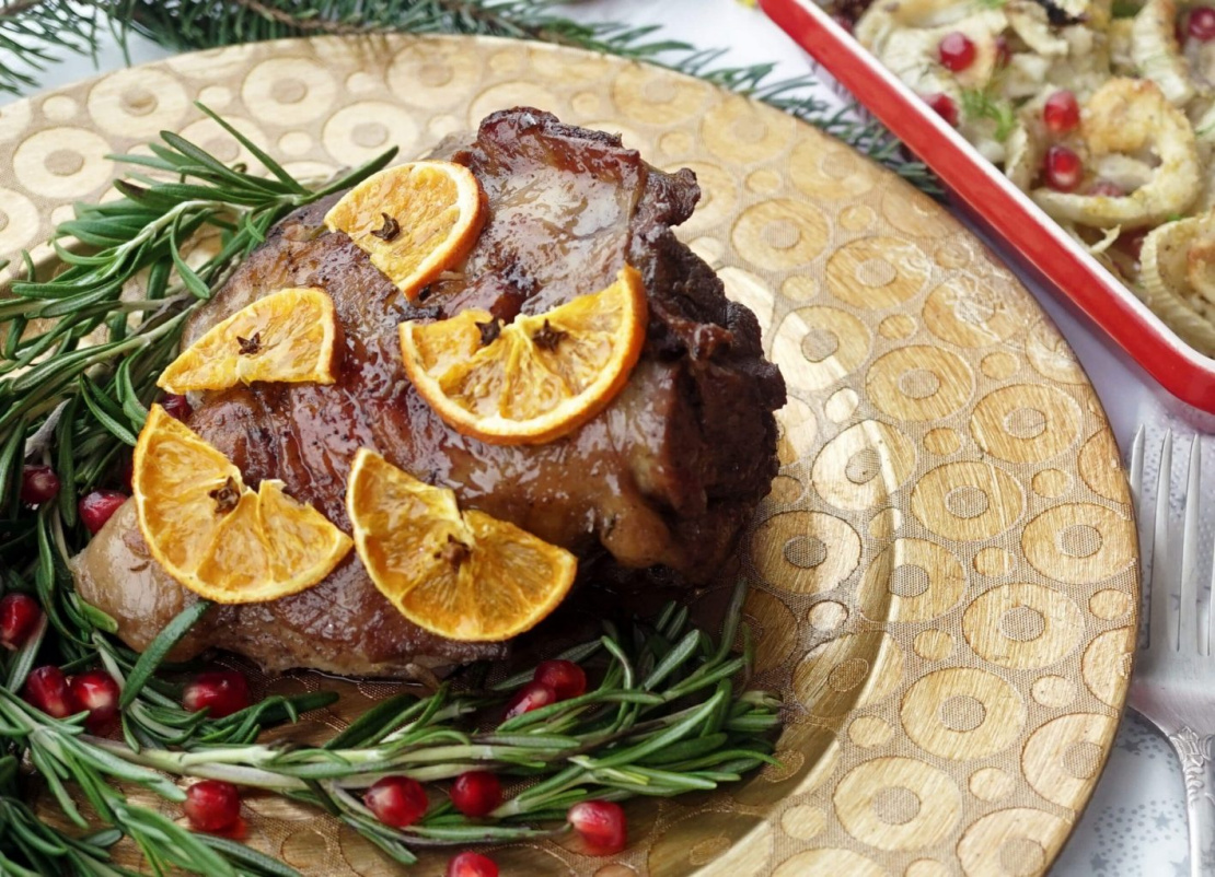 Rosemary roast lamb with orange glaze made with apple balsamico mustard