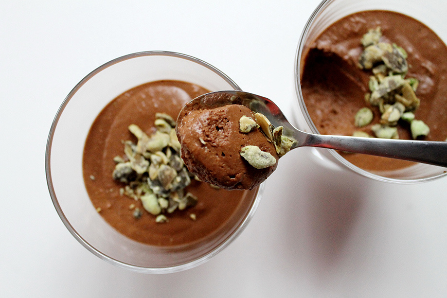 Chocolate mousse with styrian pumpkin seed oil and wasabi pumpkin seeds