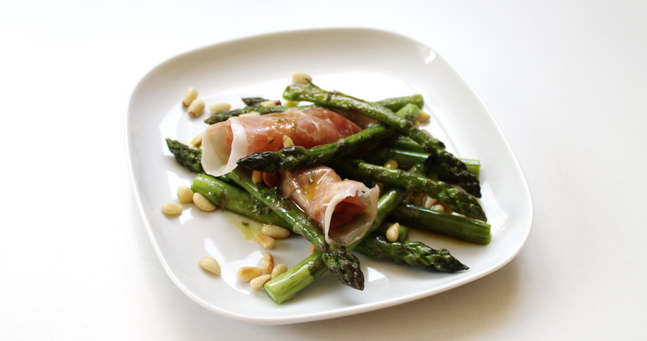 Grilled asparagus with pine nut oil dressing